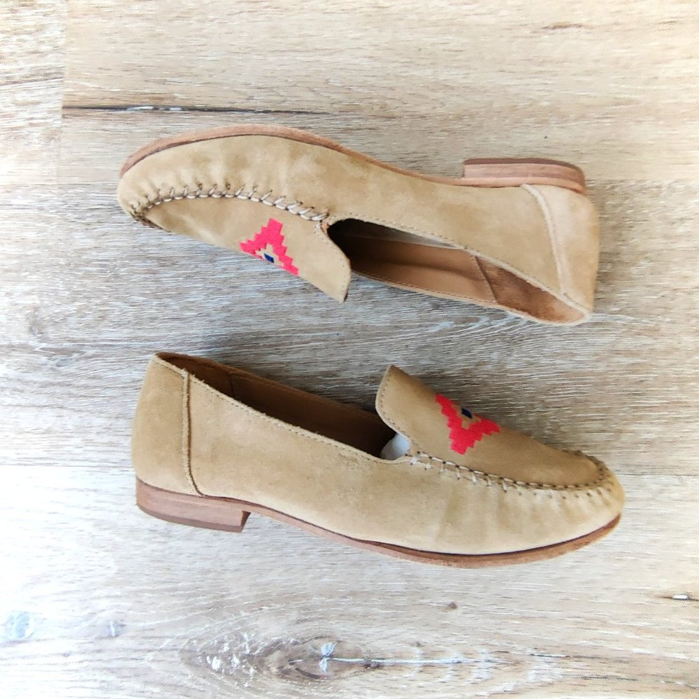 SOLUDOS Suede Embroidered Aztec Smoking Loafers,Tan